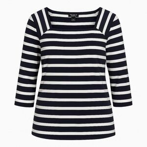 Talbots Plus Petite 1X Black White Stripe Square Neck Stretch 3/4 Sleeve Top